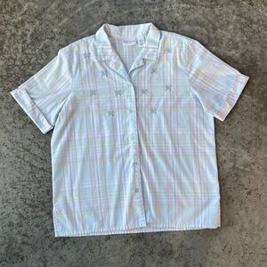 Alfred Dunner Pastel Plaid Butterfly Embroidered Button Down Shirt Size 14